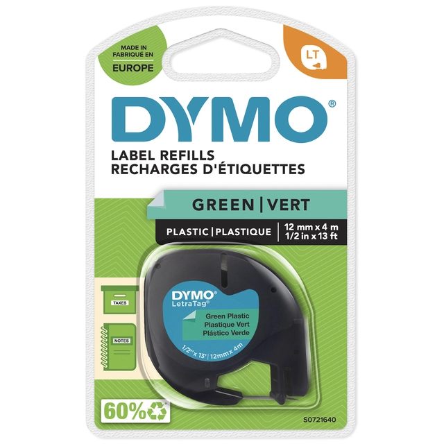 Een Labeltape Dymo LetraTag plastic 12mm zwart op groen koop je bij VHK Kantoorartikelen