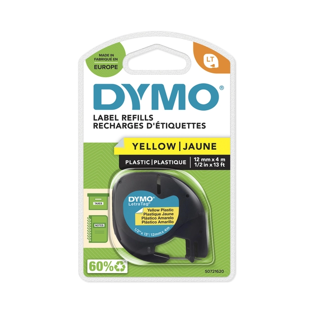 Een Labeltape Dymo LetraTag plastic 12mm zwart op geel koop je bij VHK Kantoorartikelen