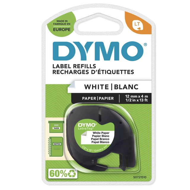 Een Labeltape Dymo LetraTag papier 12mm zwart op wit koop je bij VHK Kantoorartikelen