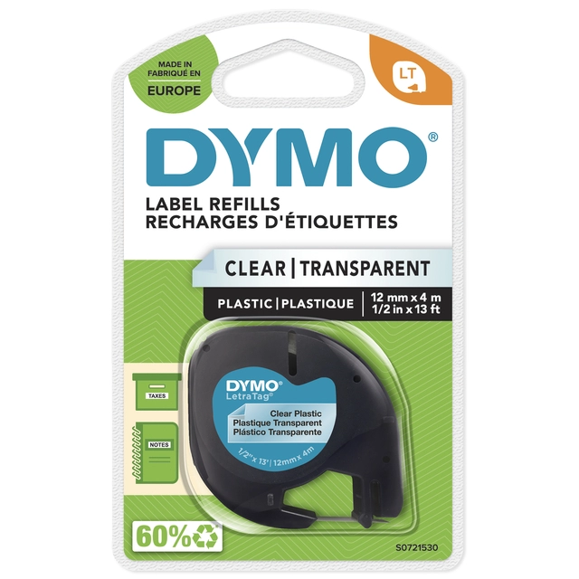 Een Labeltape Dymo LetraTag plastic 12mm zwart op transparant koop je bij VHK Kantoorartikelen