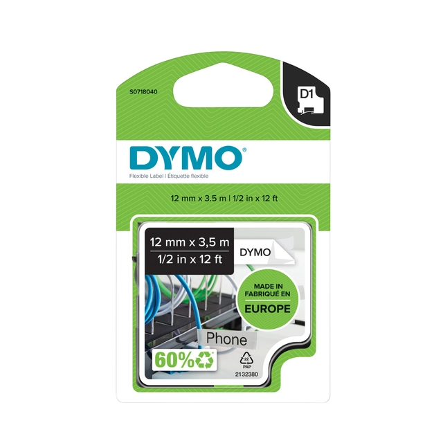 Een Labeltape Dymo LabelManager D1 nylon 12mm zwart op wit koop je bij VHK Kantoorartikelen