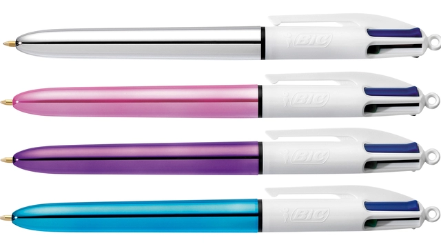 Een Balpen Bic 4kleuren shine medium zilver/paars/roze/blauw koop je bij Hoekmankantoorartikelen.nl