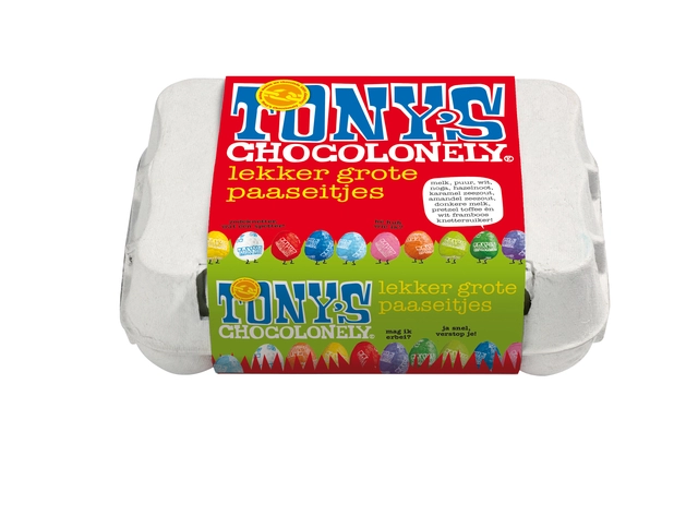 Een Chocolade Tony's Chocolonely paaseitjes doos mix 12 stuks koop je bij Boek en kantoorvakhandel Reterink