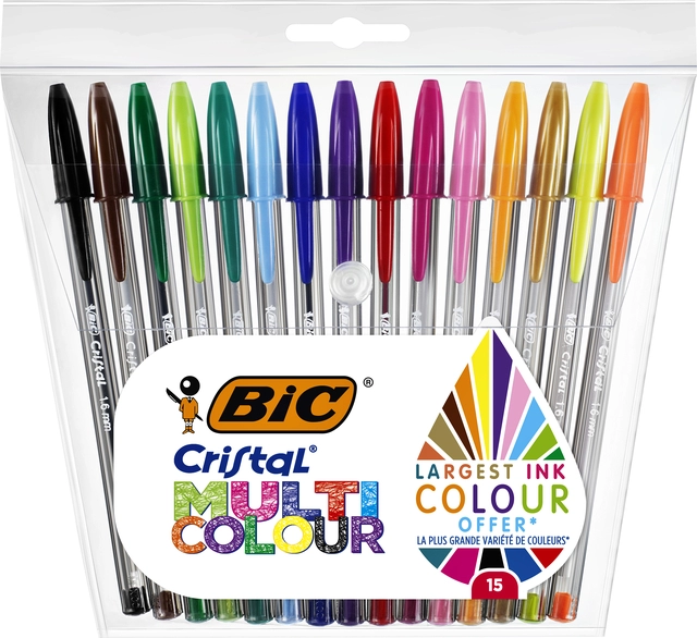 Een Balpen Bic Cristal large multicolour assorti etui à 15 stuks koop je bij VHK Kantoorartikelen