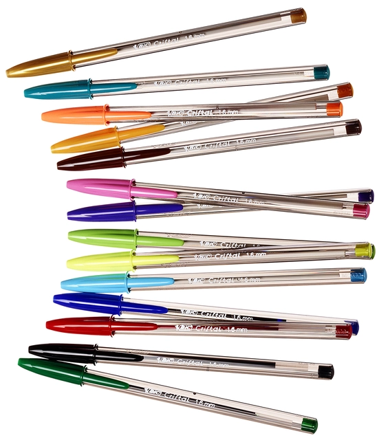 Een Balpen Bic Cristal large multicolour assorti etui à 15 stuks koop je bij VHK Kantoorartikelen