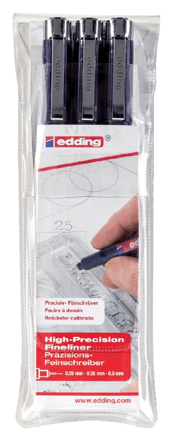 Een Fineliner edding 1800 0.25mm - 0.35mm - 0.5mm zwart set à 3 stuks koop je bij VHK Kantoorartikelen