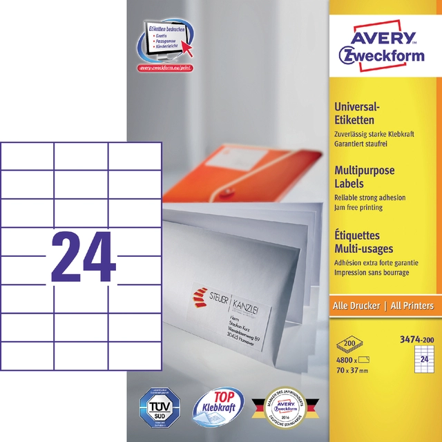 Een Etiket Avery Zweckform 3474-200 70x37mm wit 4800stuks koop je bij VHK Kantoorartikelen