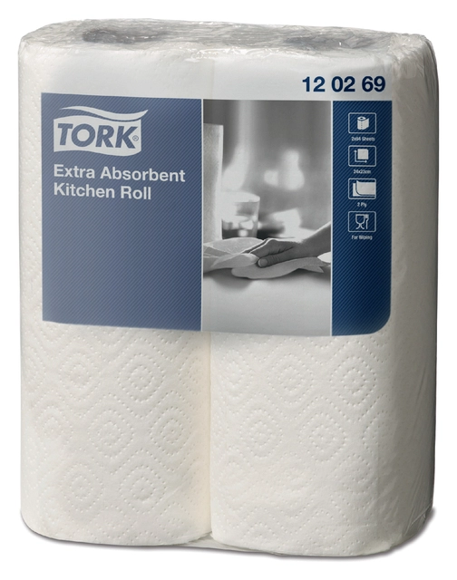 Een Keukenrol Tork extra rollen absorberend papier 2-laags 2 rollen 120269 koop je bij VHK Kantoorartikelen