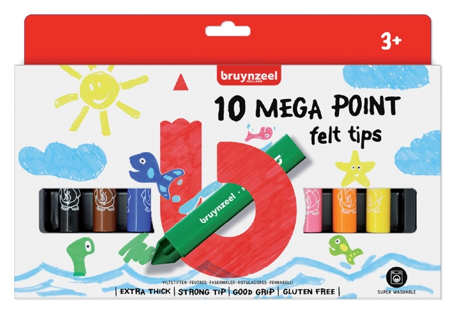 Een Viltstift Bruynzeel Kids mega point blister à 10 stuks assorti koop je bij VHK Kantoorartikelen