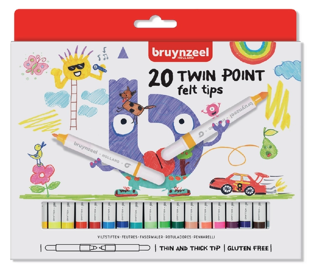 Een Viltstift Bruynzeel Kids Twin Points blister à 20 stuks assorti koop je bij VHK Kantoorartikelen