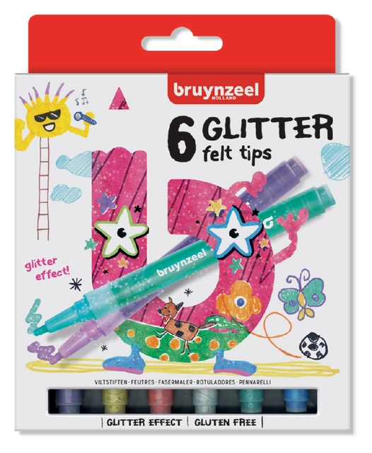 Een Viltstift Bruynzeel Kids glitter blister à 6 stuks assorti koop je bij Hoekmankantoorartikelen.nl