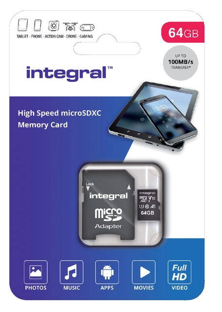 Een Geheugenkaart Integral microSDXC V10 64GB koop je bij Hoekmankantoorartikelen.nl