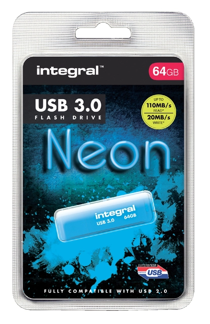 Een USB-stick 3.0 Integral 64GB neon blauw koop je bij VHK Kantoorartikelen