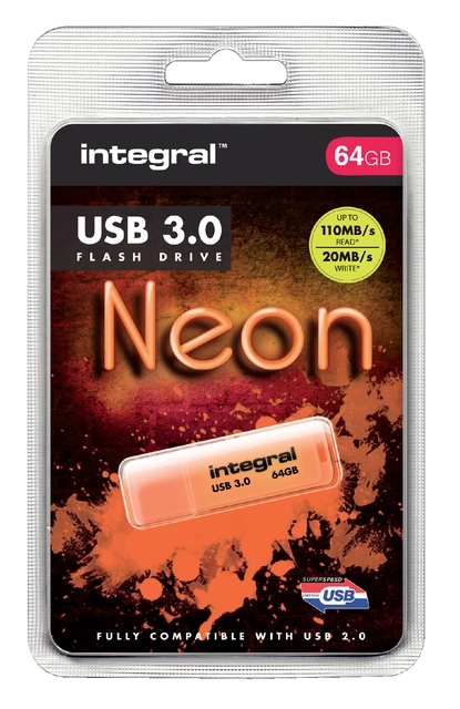 Een USB-stick 3.0 Integral 64GB neon oranje koop je bij VHK Kantoorartikelen