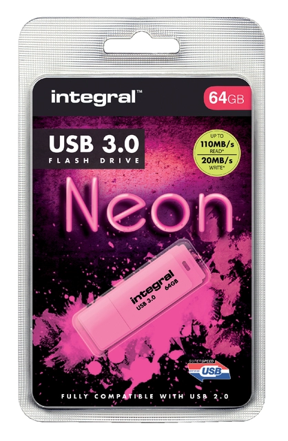 Een USB-stick 3.0 Integral 64GB neon roze koop je bij VHK Kantoorartikelen