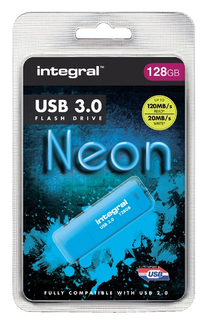 Een USB-stick 3.0 Integral 128GB neon blauw koop je bij VHK Kantoorartikelen