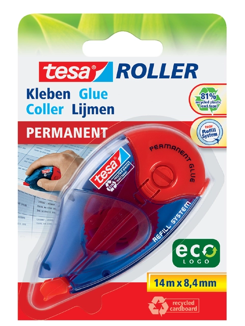 Een Lijmroller tesa® ecoLogo® permanent navulbaar op blister koop je bij VHK Kantoorartikelen