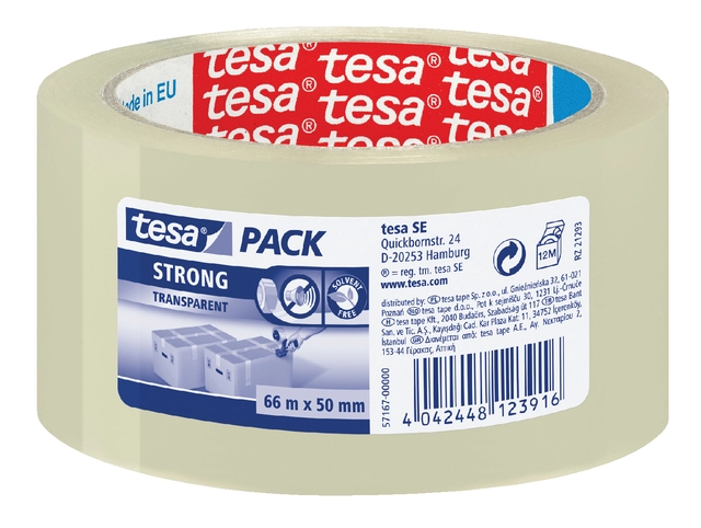 Een Verpakkingstape tesapack® Strong 66mx50mm PP transparant koop je bij Hoekmankantoorartikelen.nl