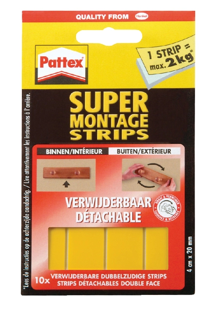 Een Supermontagestrip Pattex 2kg verwijderbaar 10 stuks koop je bij Hoekmankantoorartikelen.nl