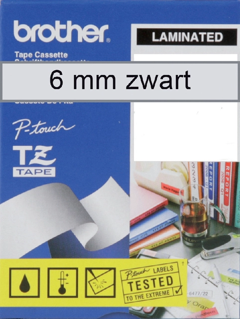 Een Labeltape Brother P-touch TZe-111 standaard 6mm zwart op transparant koop je bij Hoekmankantoorartikelen.nl