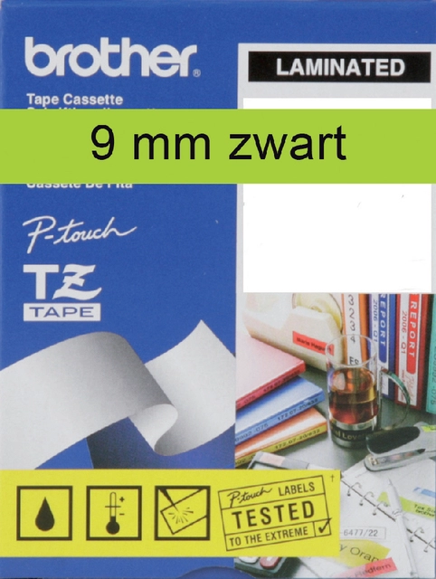 Een Labeltape Brother P-touch TZe-721 standaard 9mm zwart op groen koop je bij Hoekmankantoorartikelen.nl