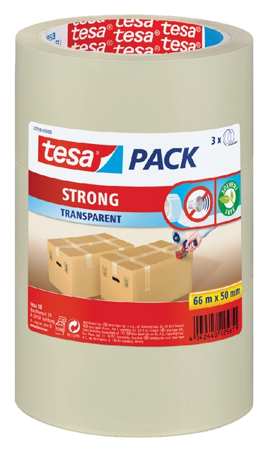 Een Verpakkingstape tesapack® Strong 66mx50mm PP transparant 3 rollen koop je bij VHK Kantoorartikelen