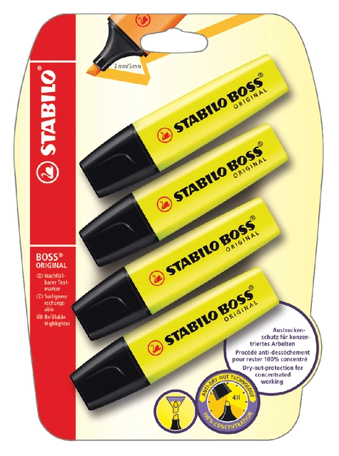 Een Markeerstift STABILO BOSS Original 70/24 geel blister à 4 stuks koop je bij VHK Kantoorartikelen