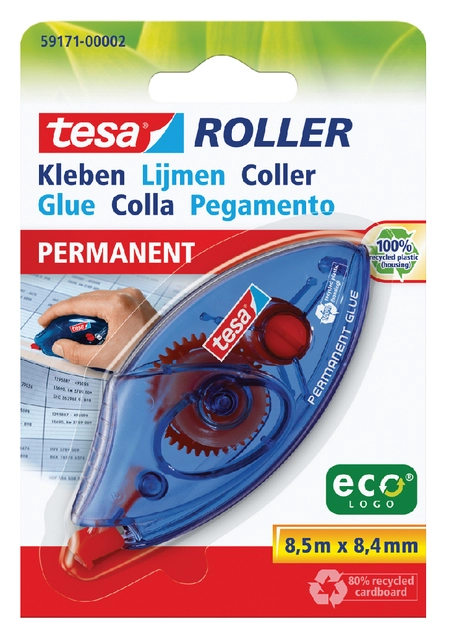 Een Lijmroller tesa® ecoLogo® permanent wegwerp op blister koop je bij VHK Kantoorartikelen