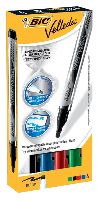 Een Viltstift Bic Velleda liquid whiteboard rond medium assorti doos à 4 stuks koop je bij VHK Kantoorartikelen