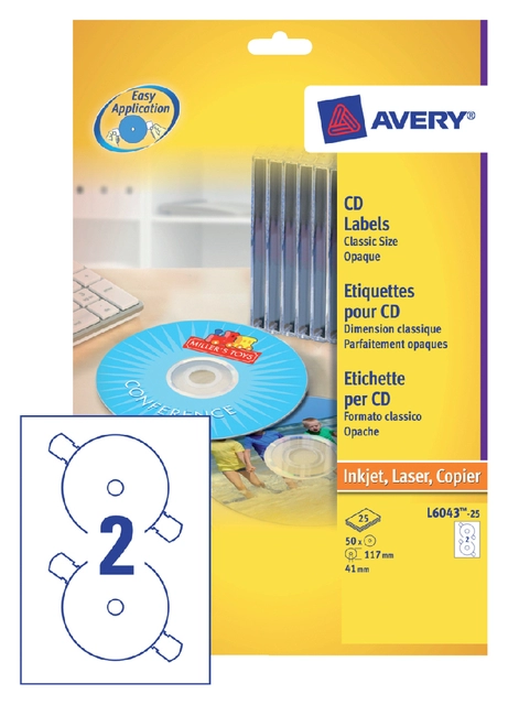 Een Etiket Avery L6043-25 CD wit 50 stuks koop je bij VHK Kantoorartikelen