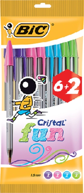 Een Balpen Bic Cristal Fun large assorti blister à 6+2 gratis koop je bij VHK Kantoorartikelen