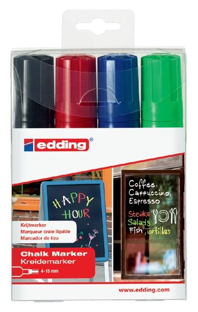 Een Krijtstift edding 4090 window schuin 4-15mm assorti etui à 4 stuks koop je bij Hoekmankantoorartikelen.nl