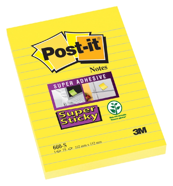 Een Memoblok Post-it 660 Super Sticky 102x152 geel met lijn 75 vel koop je bij Hoekmankantoorartikelen.nl