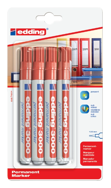 Een Viltstift edding 3000 rond 1.5-3mm rood blister à 4 stuk koop je bij VHK Kantoorartikelen