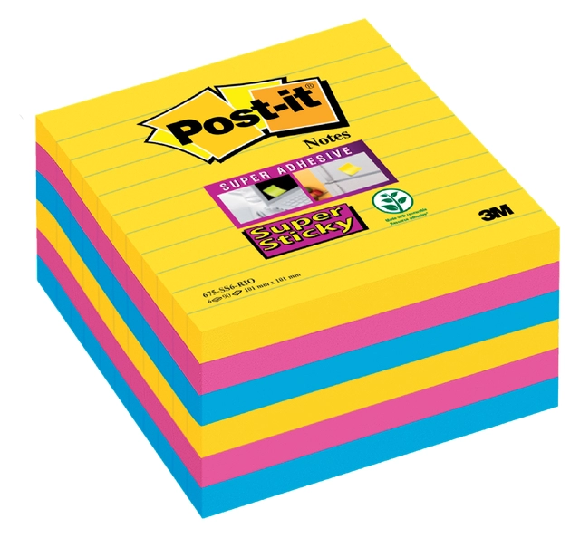 Een Memoblok Post-it 675 Super Sticky 101x101mm lijn Rio 6 stuks koop je bij Hoekmankantoorartikelen.nl