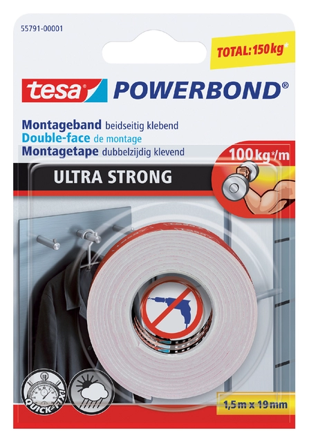 Een Plakband tesa® Powerbond Ultra Strong dubbelzijdig 1,5mx19mm wit koop je bij VHK Kantoorartikelen