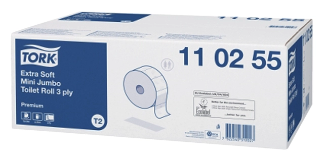 Een Toiletpapier Tork Mini jumbo T2 premium 3-laags 12x120mtr wit 110255 koop je bij VHK Kantoorartikelen