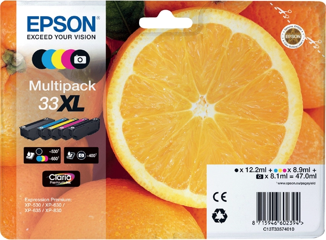 Een Inktcartridge Epson 33XL T3357 2x zwart + 3 kleuren koop je bij VHK Kantoorartikelen