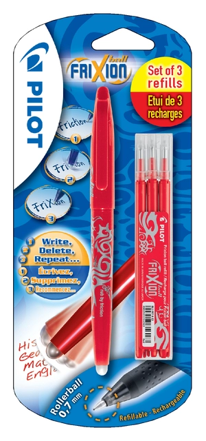 Een Rollerpen PILOT friXion medium rood blister à 1 stuk + 3 vullingen koop je bij Hoekmankantoorartikelen.nl