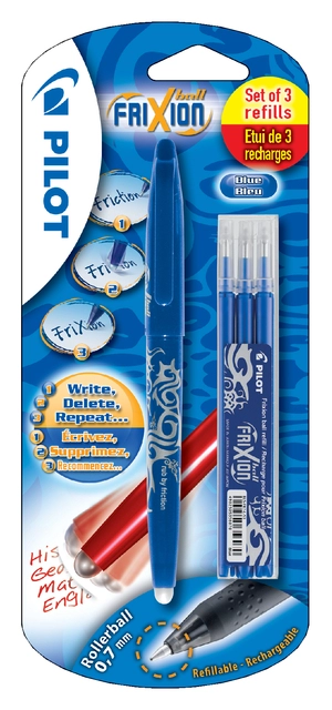 Een Rollerpen PILOT friXion medium blauw blister à 1 stuk + 3 vullingen koop je bij Hoekmankantoorartikelen.nl