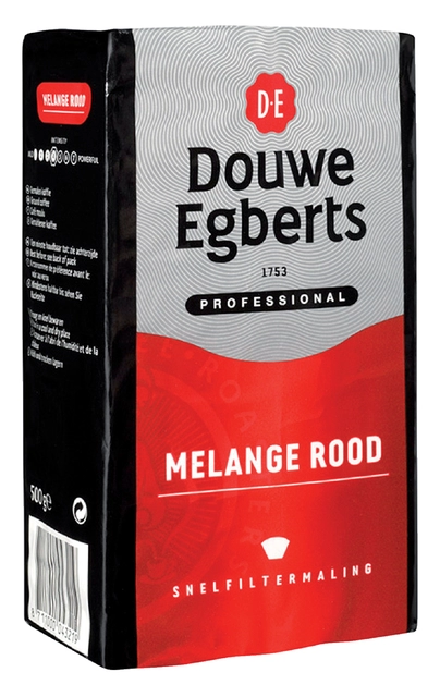 Een Koffie Douwe Egberts snelfiltermaling Melange Rood 500gr koop je bij VHK Kantoorartikelen