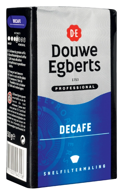 Een Koffie Douwe Egberts snelfiltermaling decafe 250gr koop je bij VHK Kantoorartikelen