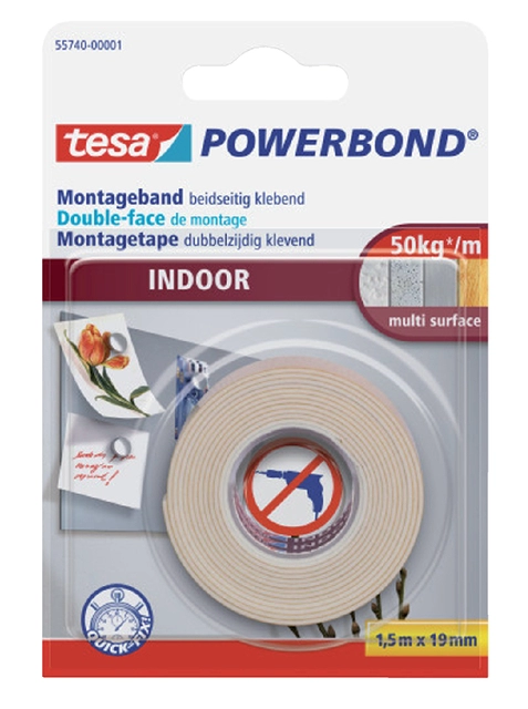 Een Dubbelzijdig montagetape tesa® Powerbond Indoor 1,5mx19mm wit koop je bij VHK Kantoorartikelen