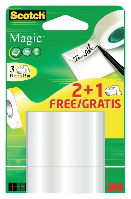 Een Plakband Scotch Magic 19mmx15m 2+1 gratis onzichtbaar 3 rollen koop je bij Hoekmankantoorartikelen.nl