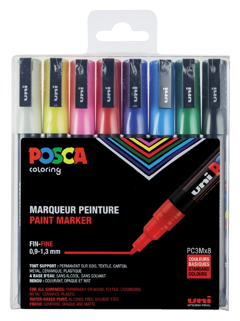 Een Verfstift Posca PC3M fijn assorti set à 8 stuks koop je bij VHK Kantoorartikelen