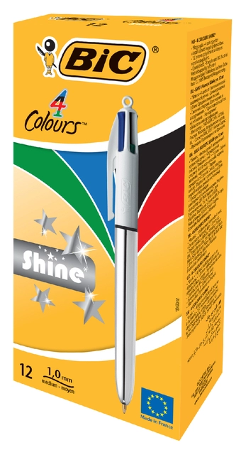 Een Balpen Bic 4kleuren shine medium zilver koop je bij VHK Kantoorartikelen