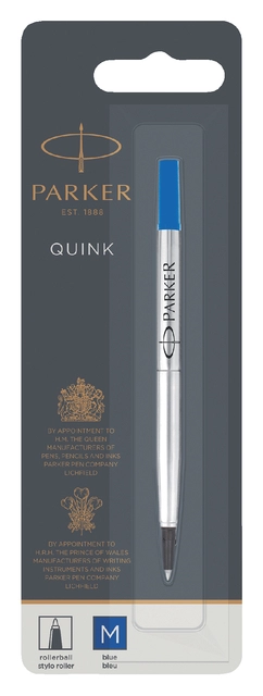 Een Rollerpenvulling Parker Quink medium blauw blister à 1 stuk koop je bij Hoekmankantoorartikelen.nl