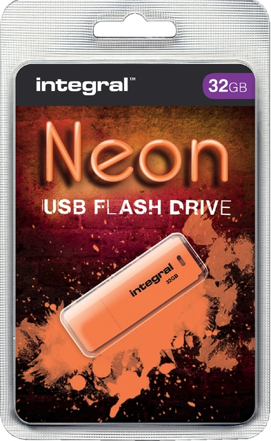 Een USB-stick 2.0 Integral 32GB neon oranje koop je bij VHK Kantoorartikelen