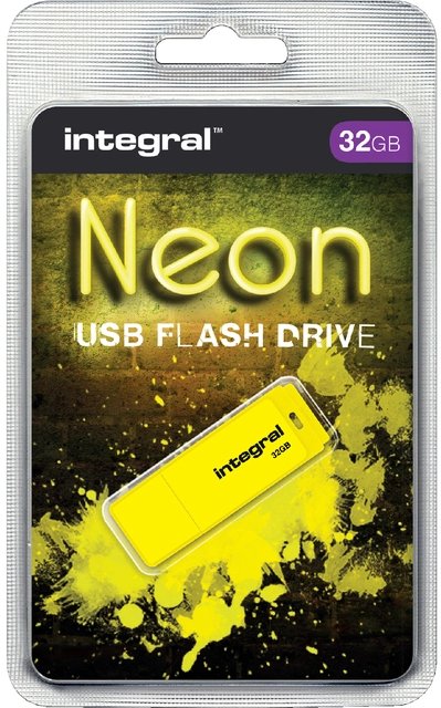 Een USB-stick 2.0 Integral 32GB neon geel koop je bij VHK Kantoorartikelen