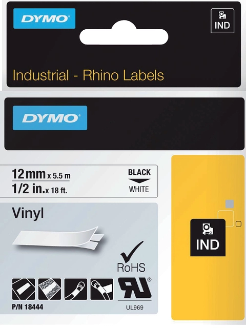 Een Labeltape Dymo Rhino industrieel vinyl 12mm zwart op wit koop je bij VHK Kantoorartikelen